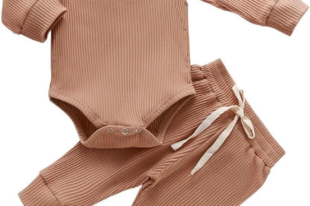 Newborn Baby Boy Girl Clothes Ribbed Knitted Cotton Long Sleeve Romper Long Pants Solid Color Fall Winter Outfits