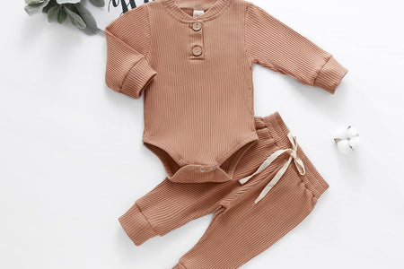 Newborn Baby Boy Girl Clothes Ribbed Knitted Cotton Long Sleeve Romper Long Pants Solid Color Fall Winter Outfits
