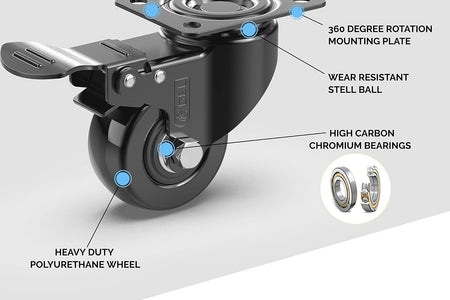 2" Heavy Duty Caster Wheels with 2 Brakes + Screws - up to 440Lbs - Set of 4 No Floor Marks Silent Castor for Furniture - Rubbered Trolley Wheels - Black Casters